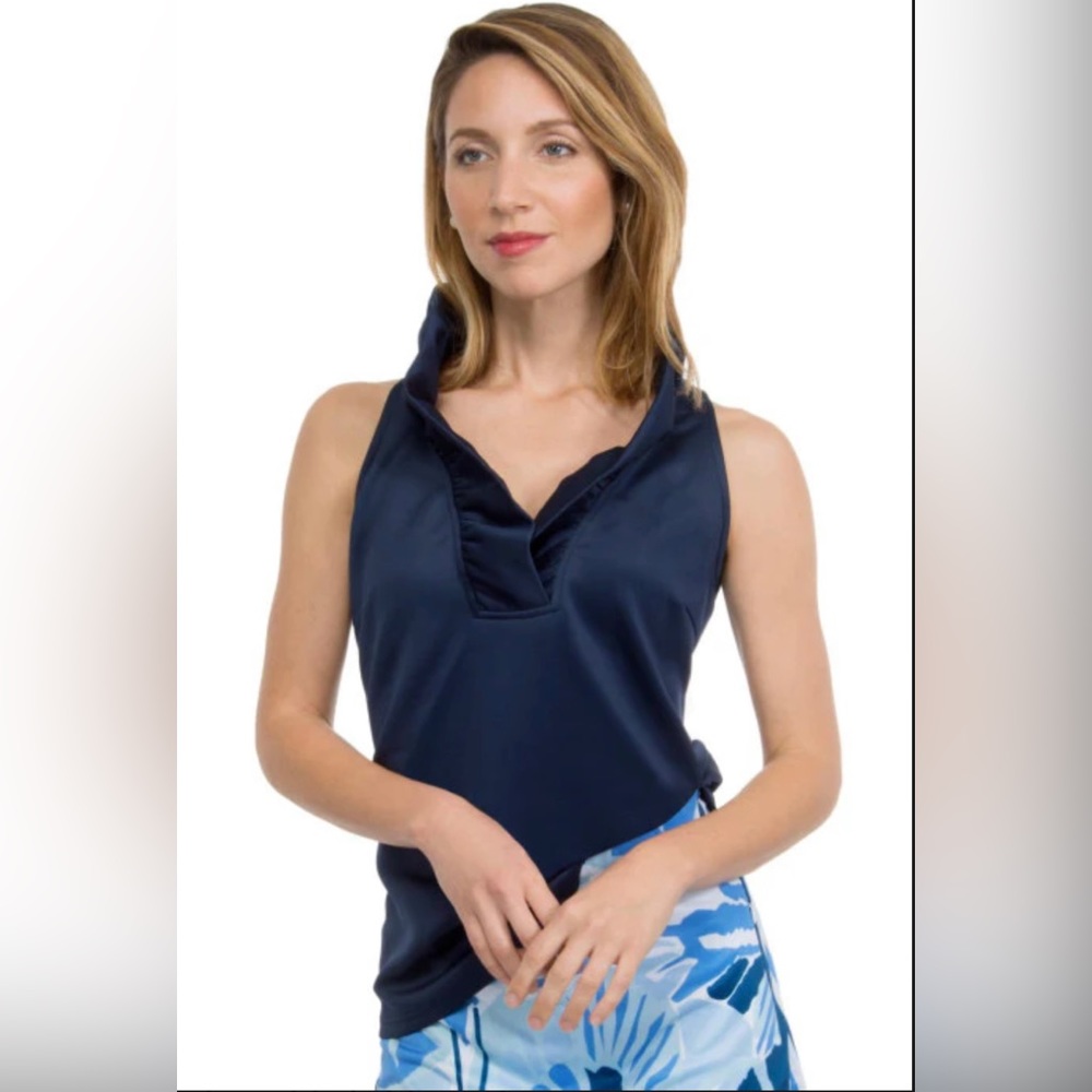 GRETCHEN SCOTT RUFFLE NECK SLEEVELESS JERSEY TOP NAVY with green lining  S NWT